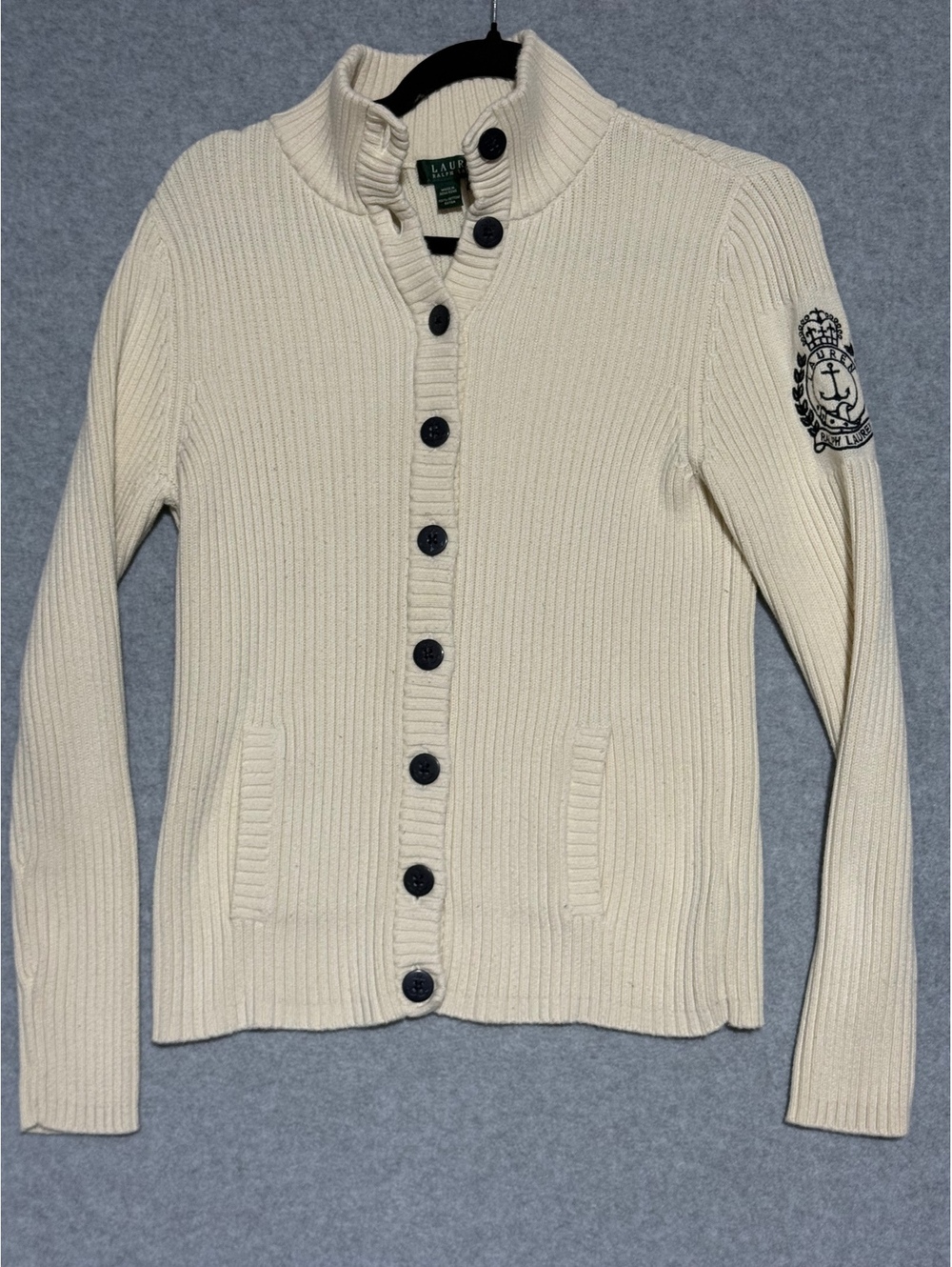 VTG Lauren Ralph Lauren Cream Ribbed Knit Crest Patch Cardigan Sweater Size L